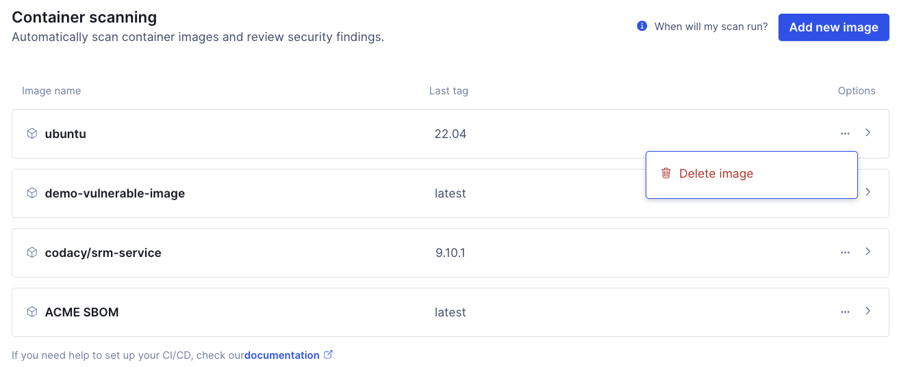 Security and risk management delete container SBOM