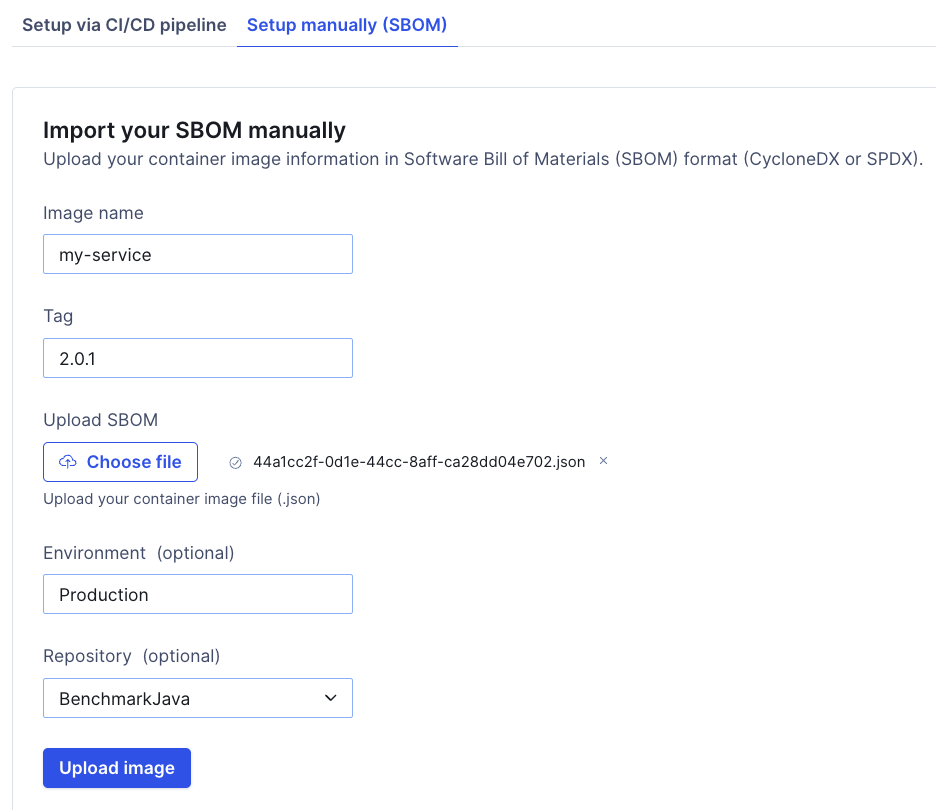 Security and risk management manually import container SBOM